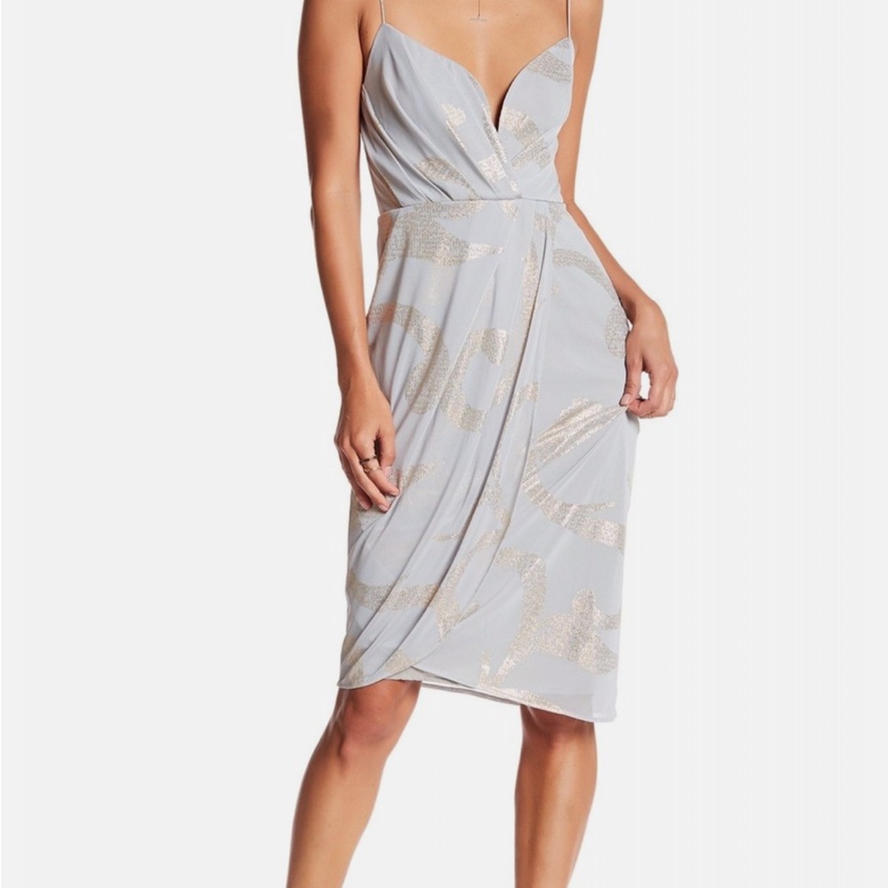Free People Venus Draped Midi Dress in a bluish-gray color with golden swirls